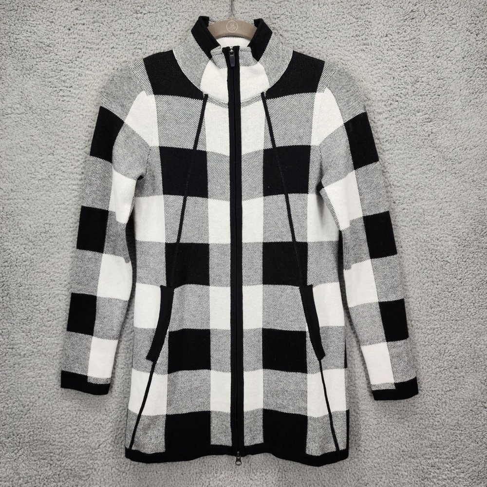 Adrienne Vittadini Womens XS Buffalo Plaid Full Zip Cardigan Sweater Black White